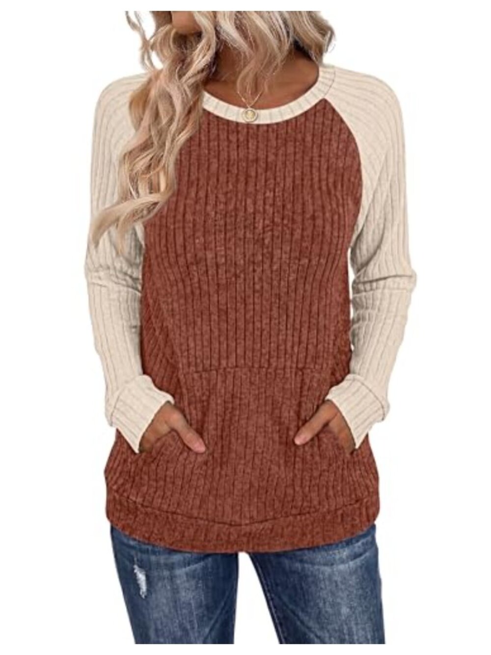 Women's Sweater Color Block Sleeve Tunic Loose Fit Pullover